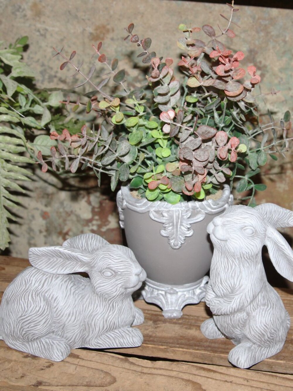 Shabby Chic Gray White French Country Bunny Rabbits & Eucalyptus Urn Arrangement